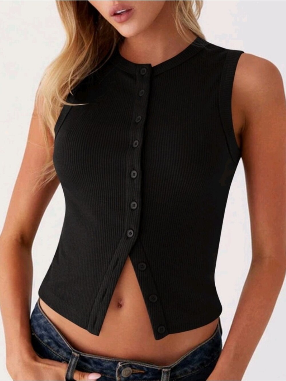 Women's Ribbed Button Front Tank Top Sz S